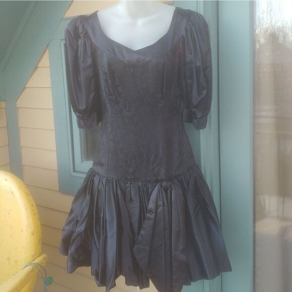 VTG 90s Black Brocade Satin Flouncy Prom Dress - Picture 1 of 7